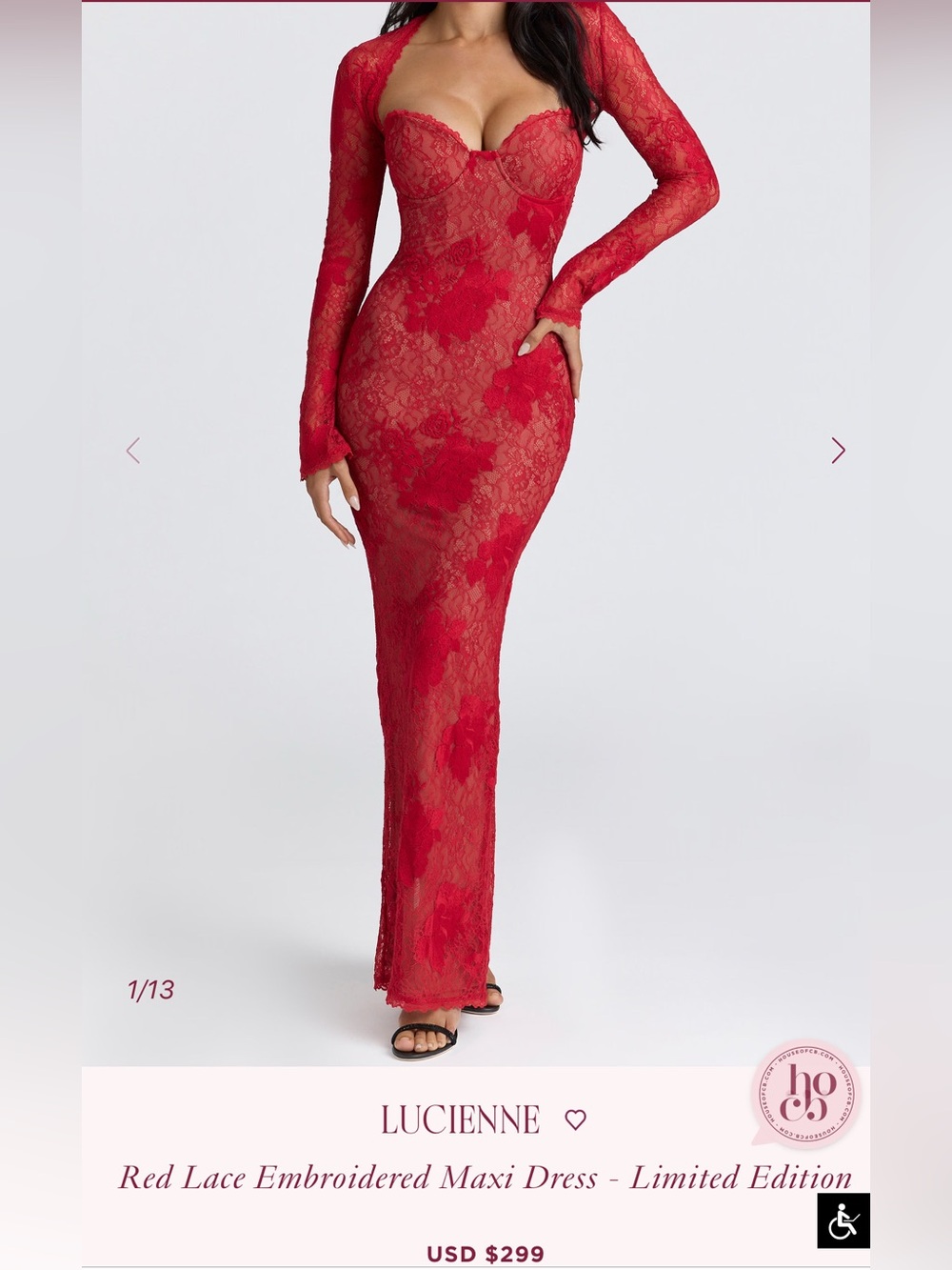 Lucienne Red Lace Long-Sleeve Maxi Dress